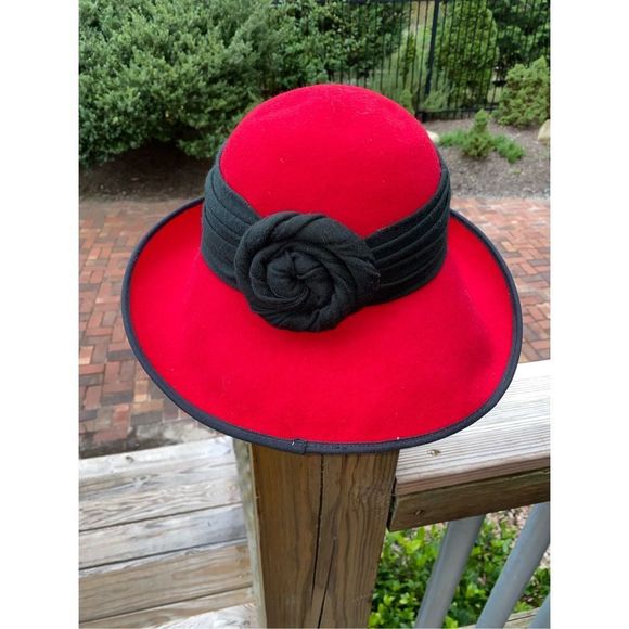 Betmar of New York Red Wool Emma Cloche Bucket Hat, Black Wrapped Scarf - Picture 2 of 9